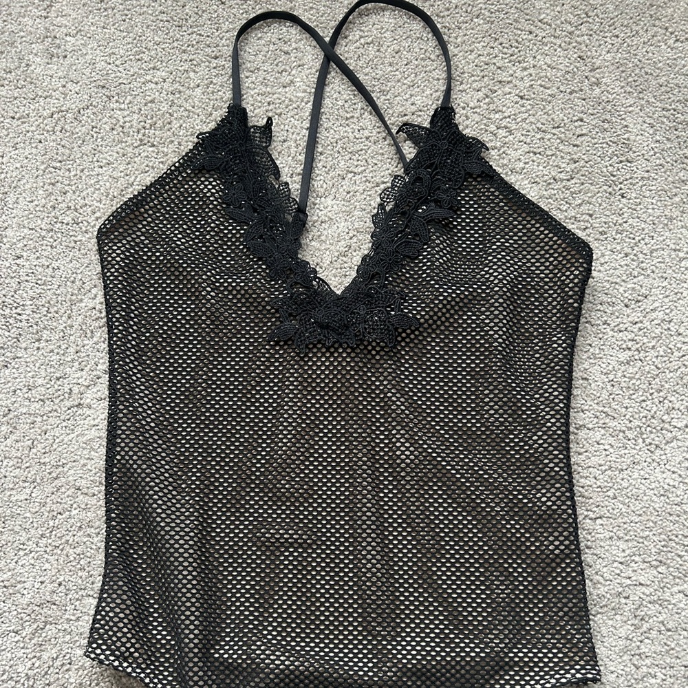 Express vintage bodysuit, black mesh with nude liner. Size small